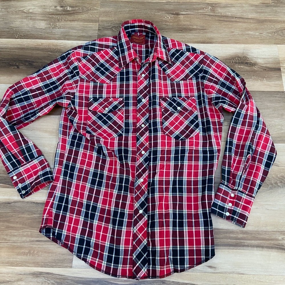 Rustler Western Snap Shirt Large Plaid Pearl Snap X-Long Tail Red Black Vintage